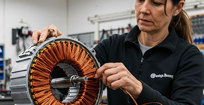 Proceso de embobinado de motor eléctrico industrial